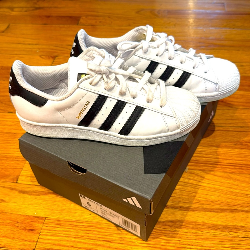 Adidas Superstar sneaker,  size 6Y.  Black & White, with box